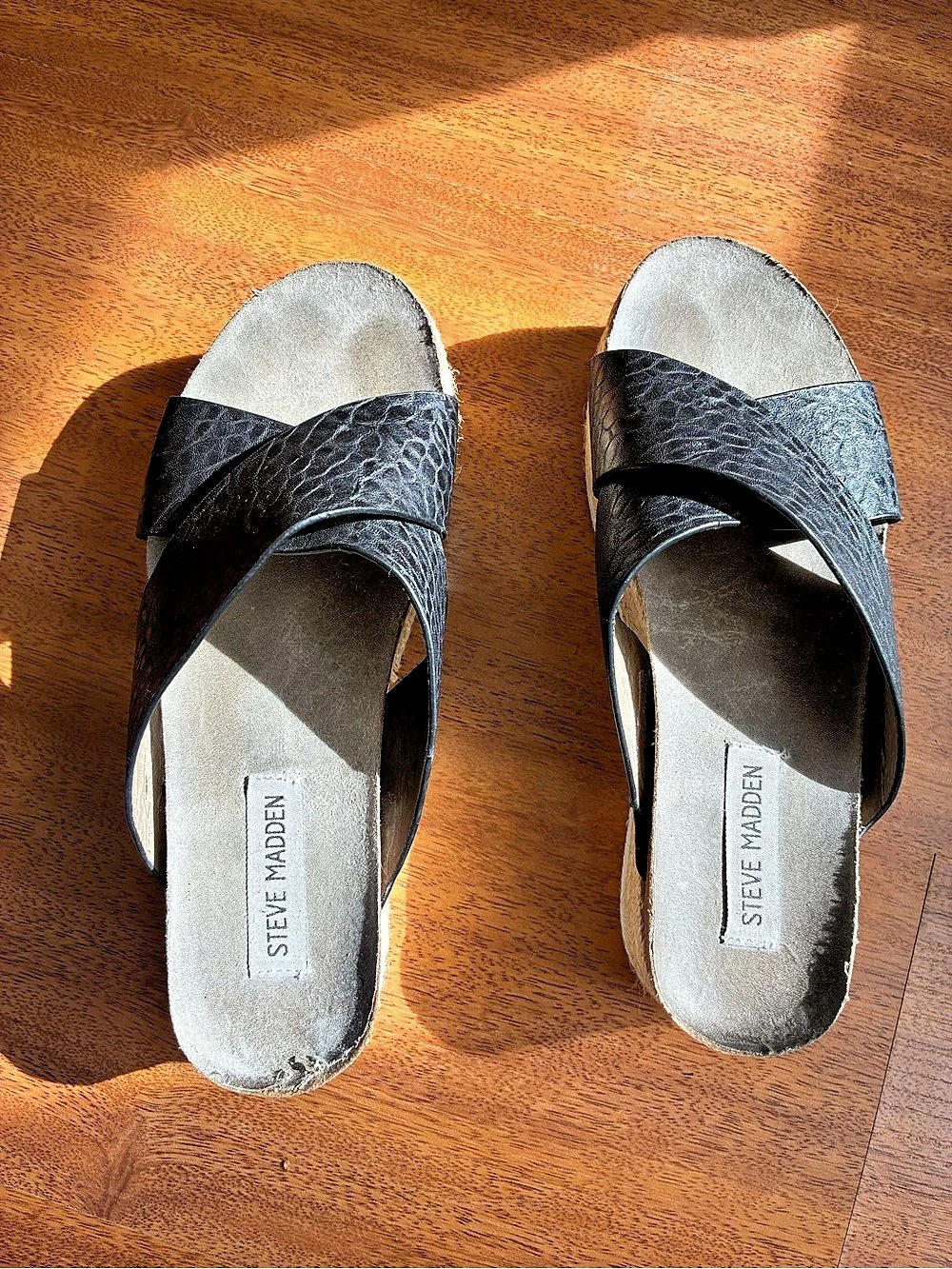 Steve Madden Black Leather Wedge Sandals